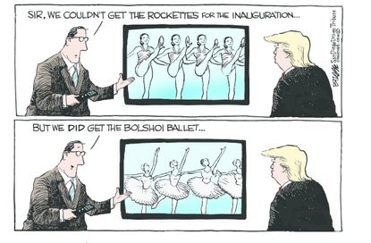 Political cartoon U.S. Donald Trump inauguration the Rockettes