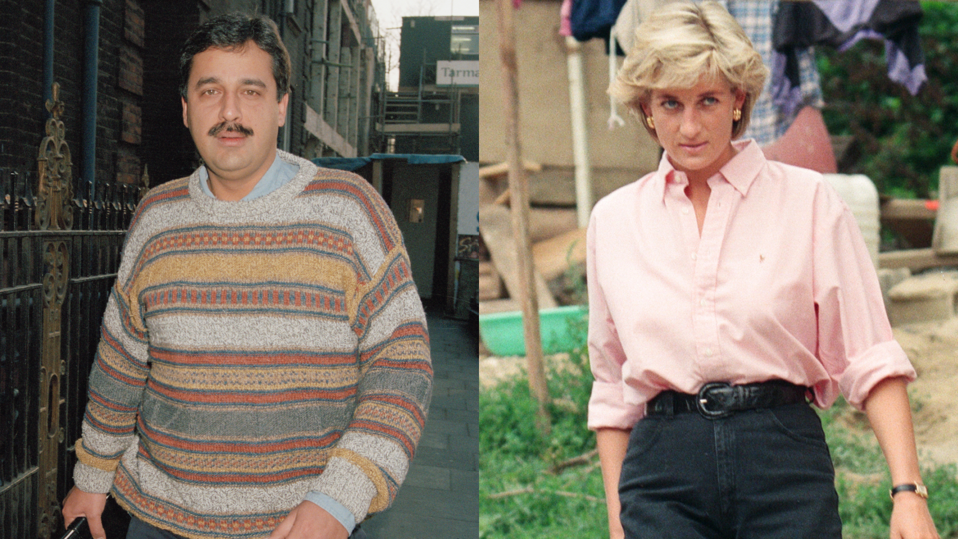 A split image of Hasnat Khan wearing a sweater and Princess Diana in a pink shirt