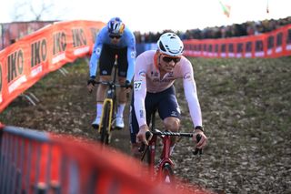 Mathieu Van Der Poel racing ahead of Wout Van Aert during the World Championships Cyclo-Cross 2023