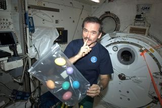 Canadian astronaut Chris Hadfield brought six Easter eggs filled with treats for the Expedition 35 crew of the International Space Station.