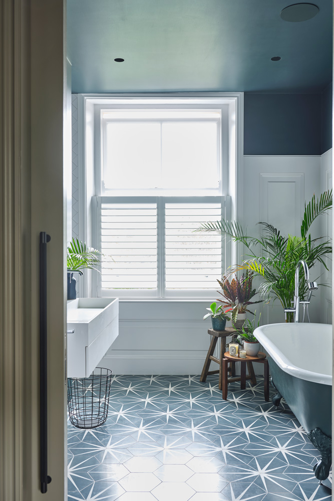 Bathroom with dark grey painted ceiling