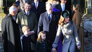 Prince William, Duke of Cambridge, Prince George, Princess Charlotte and Catherine, Duchess of Cambridge attend the Christmas Day Church service