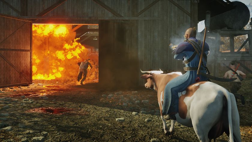 a bald man riding a cow sets a barn on fire with weaponry