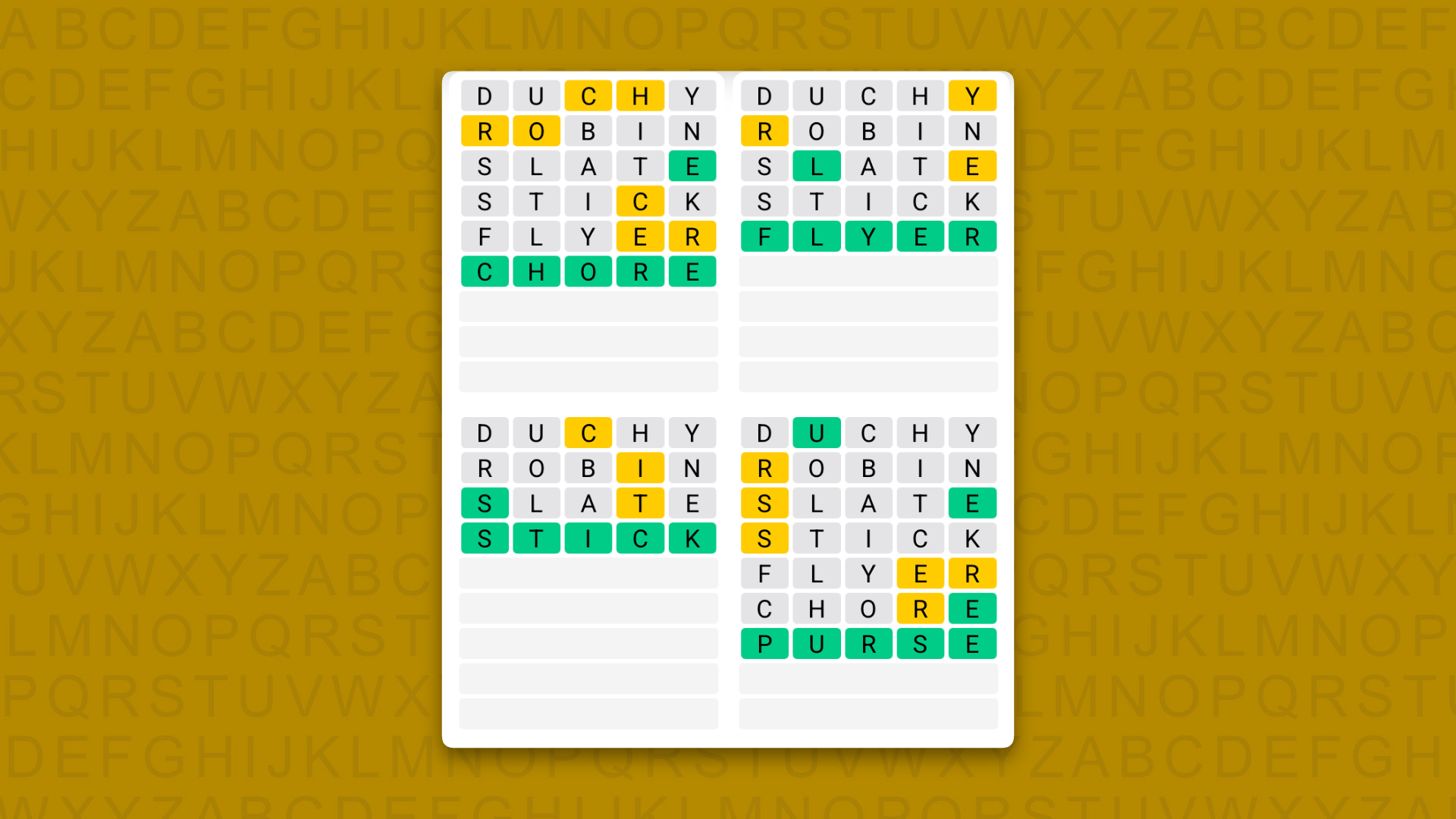 Quordle answers for game 1713 on a yellow background