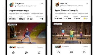 Two screenshots showing Fitness Plus workout summaries in the Strava app