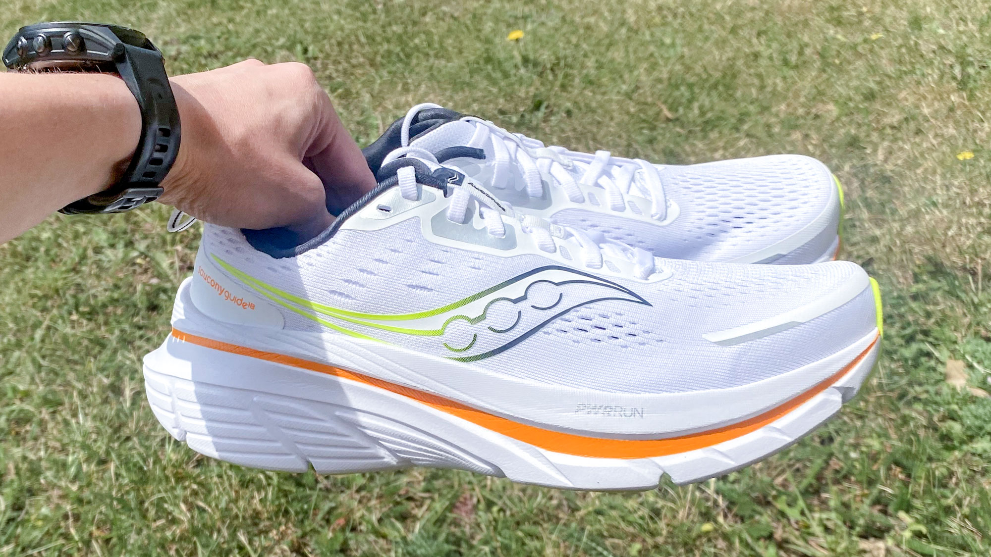the Saucony Guide 18 in the colorway White/Peel