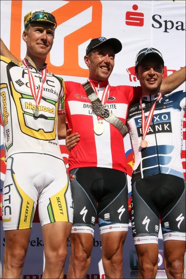 Lars Bak, Nicki S&oslash;rensen and Anders Lund on the Danish road race podium