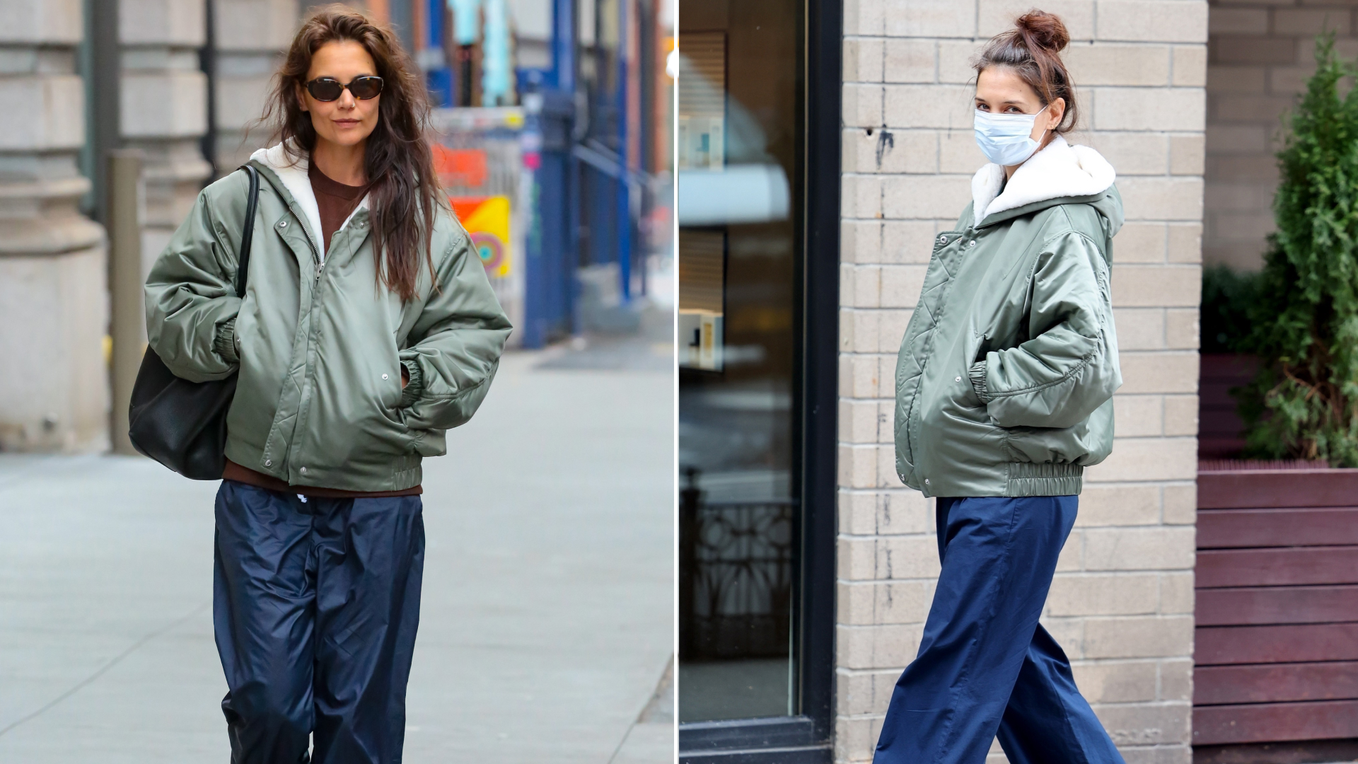 Katie Holmes Outfit Repeats in a Cozy Bomber Jacket and Adidas