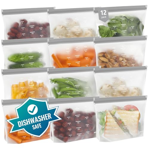 Dishwasher Safe Reusable Storage Bags Stand Up - Bpa Free Reusable Sandwich Bags - Leakproof Gallon Freezer Bags, Silicone Food Storage Bags - Grey 12 Sandwich Bags