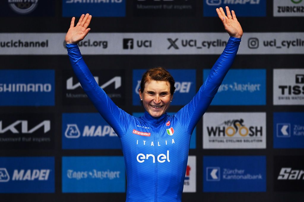 ZURICH SWITZERLAND SEPTEMBER 28 Bronze medalist Elisa Longo Borghini of Team Italy poses on the podium during the 97th UCI Cycling World Championships Zurich 2024 Womens Elite Road Race a 1541km one day race from Uster to Zurich on September 28 2024 in Zurich Switzerland Photo by Dario BelingheriGetty Images