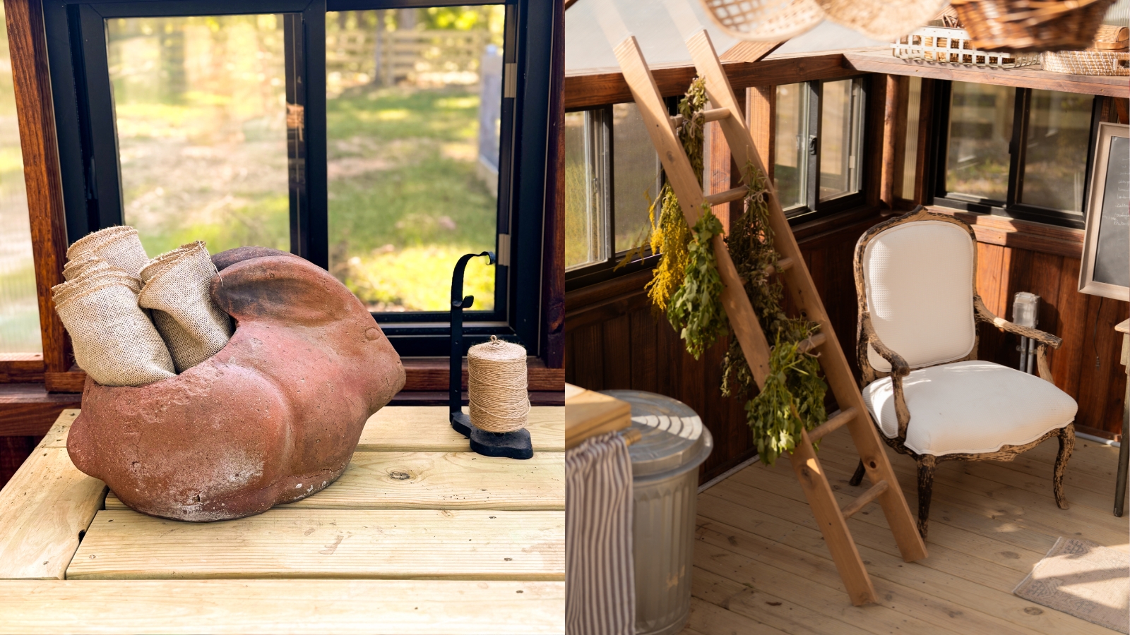 A terracotta rabbit pot on left filled with burlap, and rustic ladder with antique chair to right