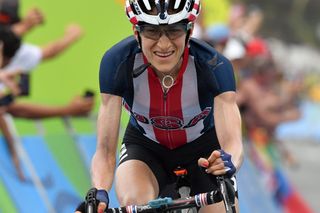 Mara Abbott crosses the line in fourth at the women's Olympic road race. Photo: Graham Watson