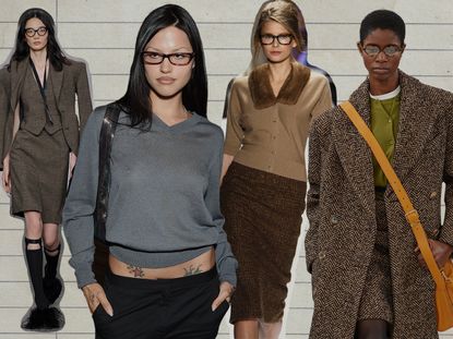 a collage of geek chic fashion, models wearing the librarian-core fashion trend