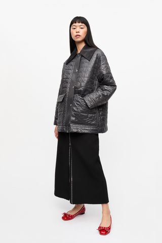 Black Shiny Quilt Midi Jacket