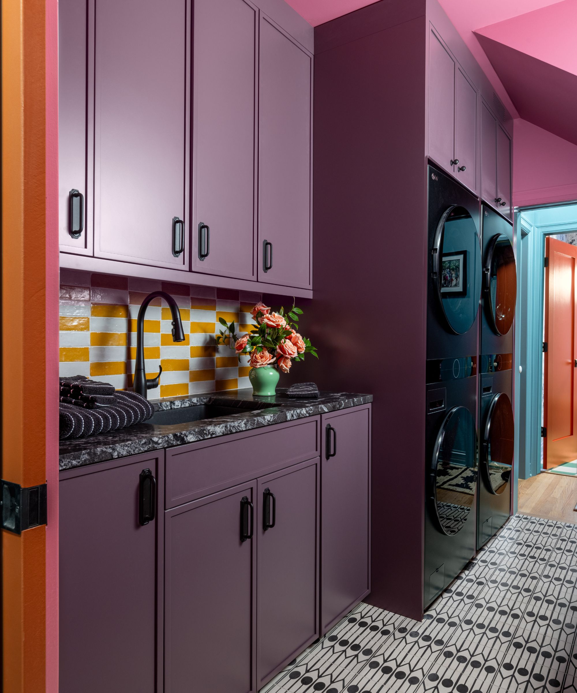North &amp;amp; Madison purple laundry room with yellow and white subway tile splashback
