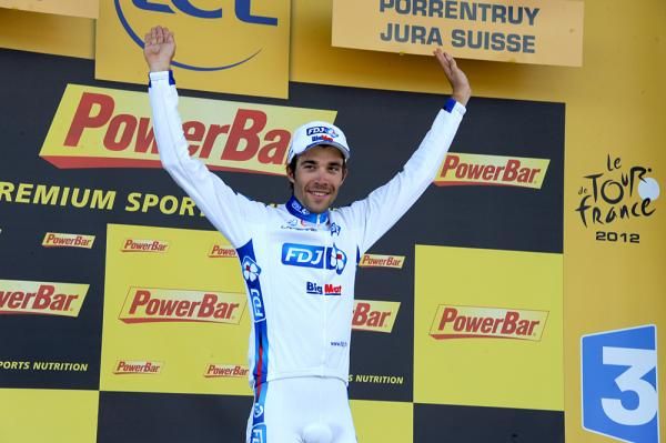 Thibaut Pinot (FDJ) greets the crowd after winning stage 8 of the Tour de France