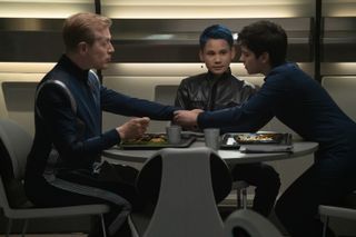 Paul Stamets (Anthony Rapp), Gray (Ian Alexander), and Adira (Blu del Barrio) in Star Trek: Discovery.