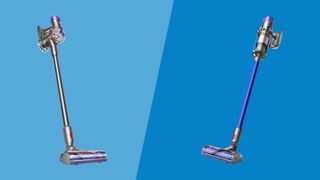 dyson v8 vs dyson v11 on a blue background