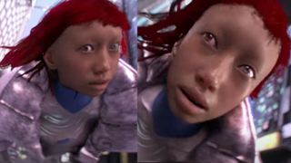 Two side-by-side screenshots of awful CGI female face that looks terrifying frankly
