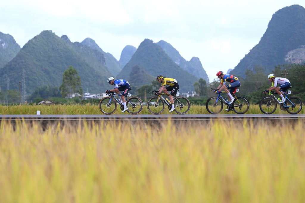 JINGXI CHINA OCTOBER 16 LR Martin Svrcek of Slovakia and Team Soudal QuickStep Julien Vermote of Belgium and Team Visma Lease a Bike Daan Hoole of The Netherlands and Team Lidl Trek and Taco Van Der Hoorn of The Netherlands and Team Intermarche Wanty compete in the breakaway during the 5th GreeTour Of Guangxi 2024 Stage 2 a 1815km stage from Chongzuo to Jingxi 741m UCIWT on October 16 2024 in Chongzuo China Photo by Dario BelingheriGetty Images