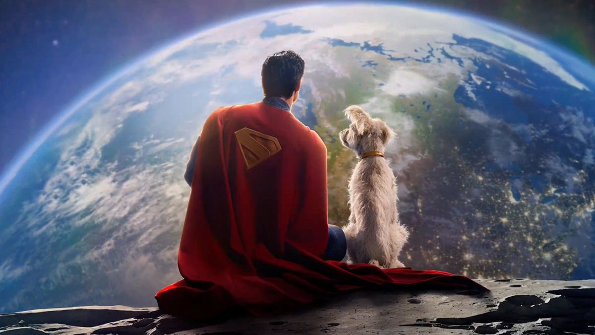 Promotional image from James Gunn&#039;s Superman (2025) which shows Superman and Krypto the dog viewing Earth from the moon.