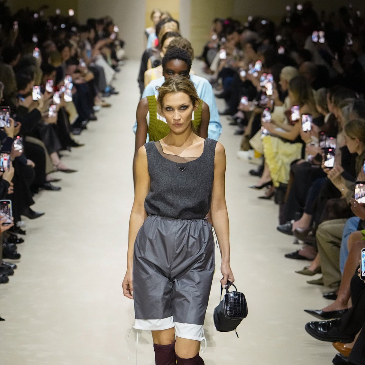 bella hadid in the prada aw26 show finale during milan fashion week