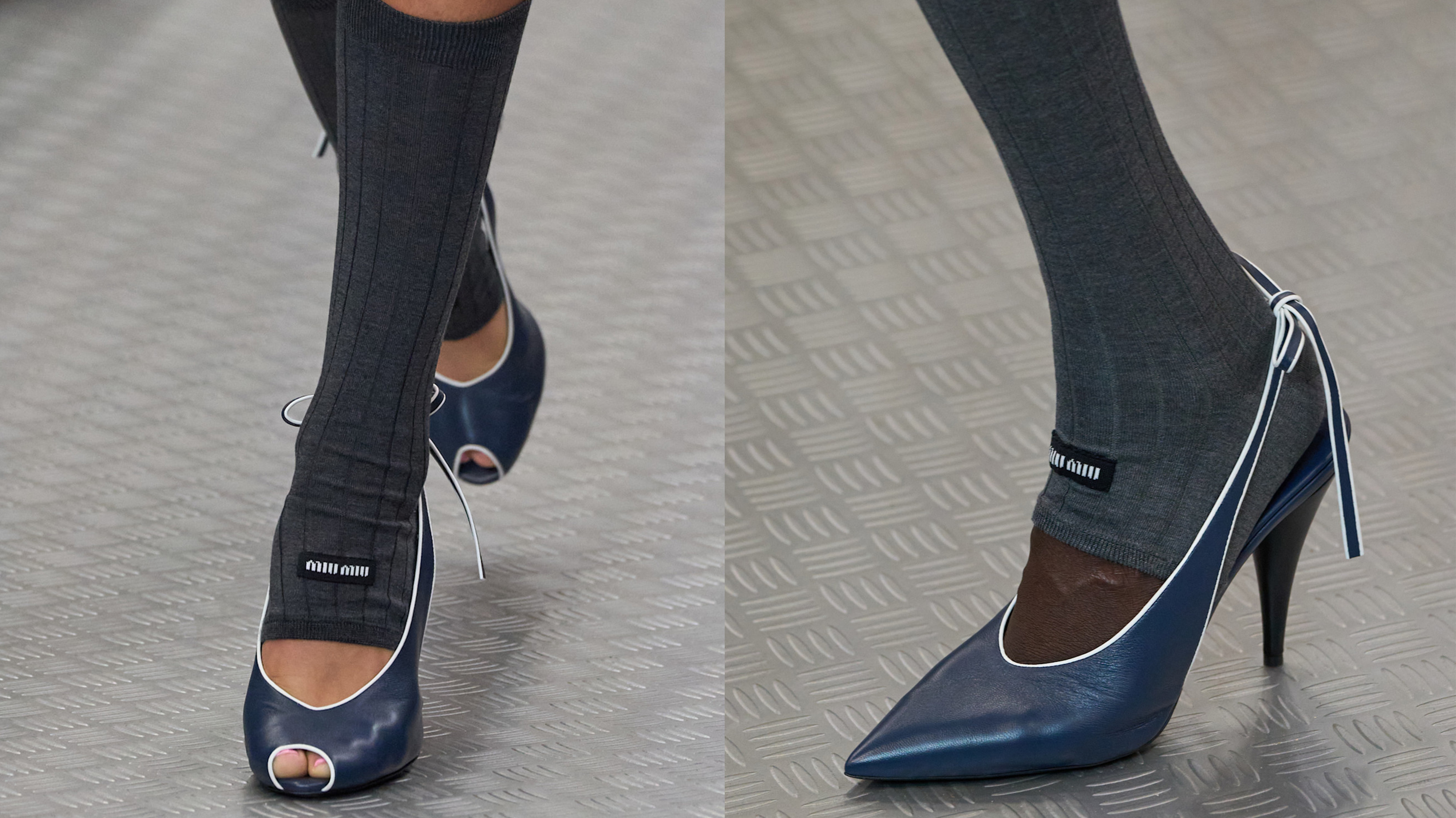 Collage of models walking in the spring/summer 2025 Miu Miu show wearing navy-blue shoes.