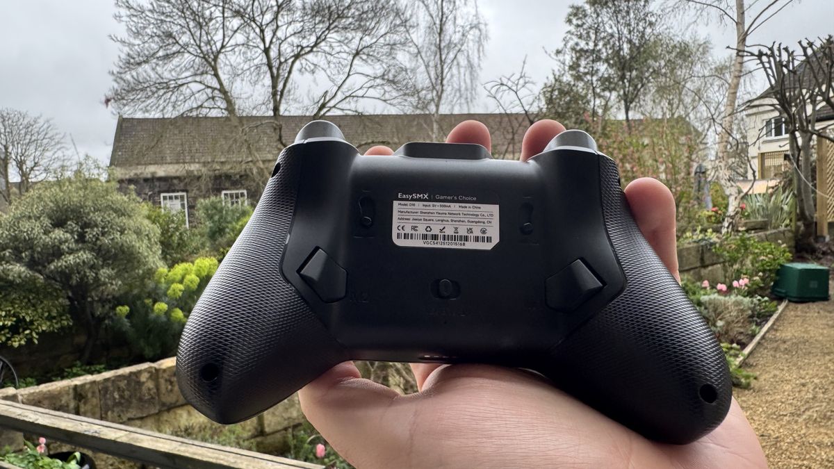 the back of the EasySMX D10 in a hand, in a garden