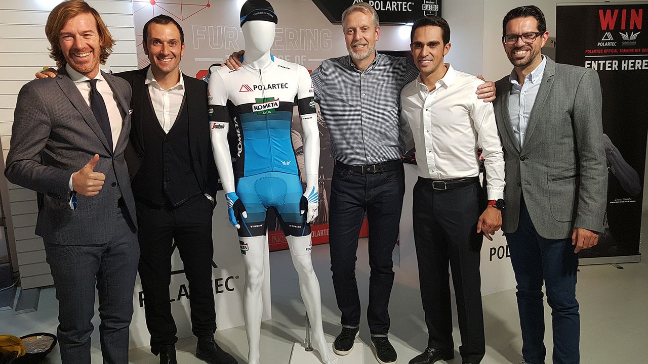 Lorenzo Negri, Ivan Basso, Gary Smith and Alberto and Fran Contador presenting Polartec-Kometa's kit