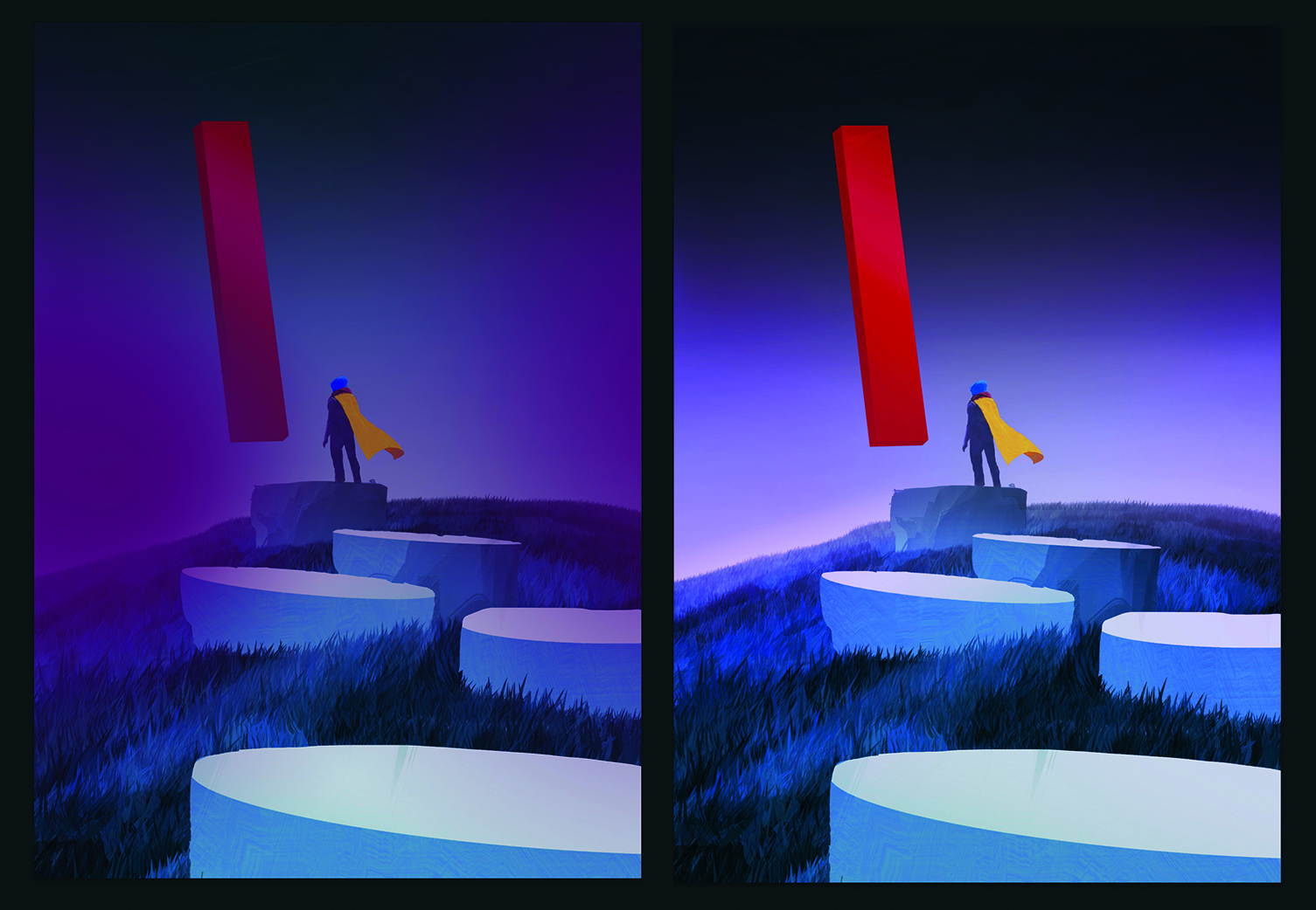 Part of the process of making digital art in Photoshop. The artwork shows a lone figure in a surreal dreamscape