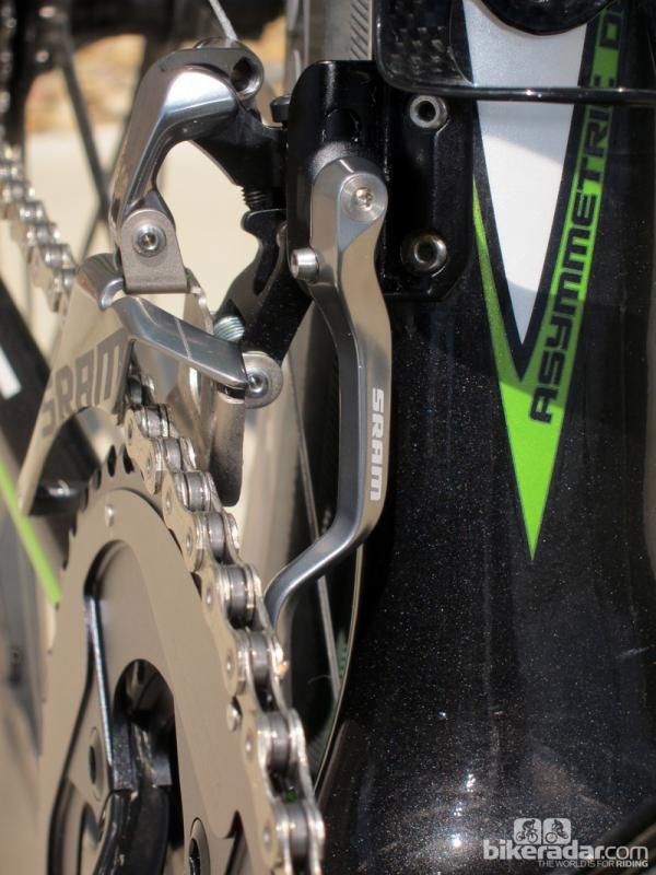 The new SRAM Red front derailleur incorporates a clever chain catcher that's easy to adjust and firmly locks in place. It can also be retrofitted to other derailleurs, too.