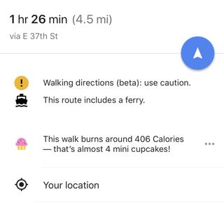 A screenshot of Google Maps showing that 408 calories would translate into almost four mini cupcakes