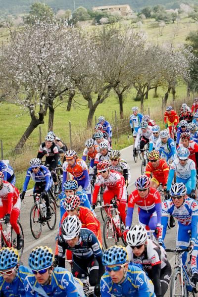 The peloton together and slowly catching up to Ermanno Capelli, the solo breakaway rider up front.
