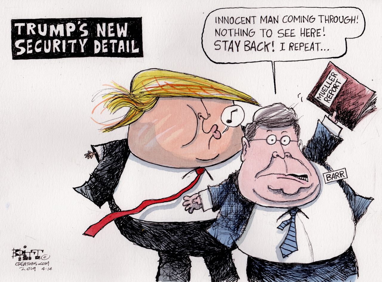 Political Cartoon U.S. Trump Barr new security deal