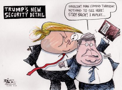 Political Cartoon U.S. Trump Barr new security deal