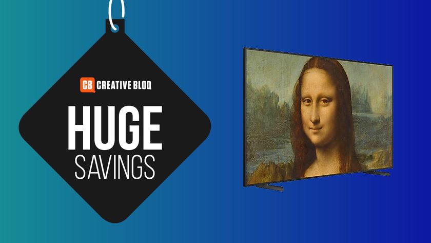 A product shot of the Samsung Frame Smart TV on a colourful background with the words huge savings.