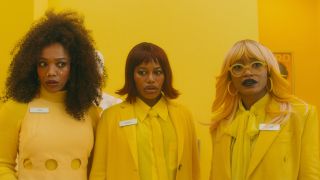 Sade (Naomi Ackie), Maria (Taylour Paige) and Corvette (Keke Palmer) look confused in I Love Boosters.