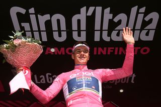 ORTONA ITALY MAY 06 Remco Evenepoel of Belgium and Team Soudal Quick Step celebrates at podium as Pink Leader Jersey winner during the 106th Giro dItalia 2023 Stage 1 a 196km individual time trial from Fossacesia Marina to Ortona UCIWT on May 06 2023 in Ortona Italy Photo by Tim de WaeleGetty Images