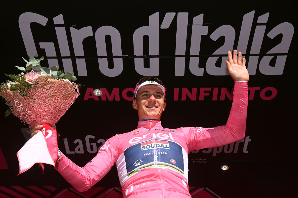 ORTONA ITALY MAY 06 Remco Evenepoel of Belgium and Team Soudal Quick Step celebrates at podium as Pink Leader Jersey winner during the 106th Giro dItalia 2023 Stage 1 a 196km individual time trial from Fossacesia Marina to Ortona UCIWT on May 06 2023 in Ortona Italy Photo by Tim de WaeleGetty Images