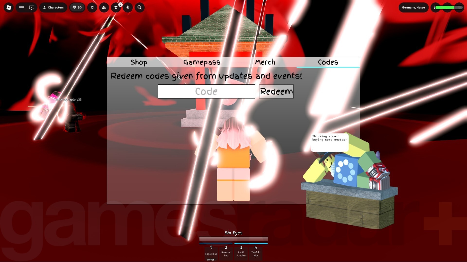 The in-game menu to redeem Jujutsu Shenanigans codes.