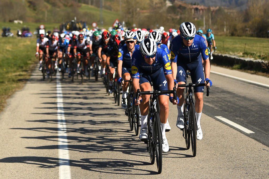 VALLTER 2000 SETCASES VALL CAMPRODON SPAIN MARCH 24 Josef Cerny of Czech Republic and Team Deceuninck QuickStep Rmi Cavagna of France and Team Deceuninck QuickStep The Peloton during the 100th Volta Ciclista a Catalunya 2021 Stage 3 a 2031km stage from Canal Olmpic de Catalunya to Vallter 2000 Setcases Vall Camprodon 2125m Landscape Mountains VoltaCatalunya100 on March 24 2021 in Vallter 2000 Setcases Vall Camprodon Spain Photo by David RamosGetty Images
