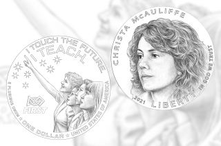 The obverse (at top) and reverse designs for the U.S. Mint's 2021 Christa McAuliffe Silver Dollar depicting NASA's fallen "Teacher in Space" and her legacy, continuing to inspire students.