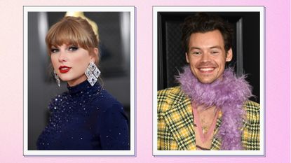 Taylor Swift and Harry Styles in a cream and pink gradient, two-picture template/ Taylor wears a dark blue dress at the 2023 Grammys, and Harry wears a yellow checked jacket with a purple feather boa