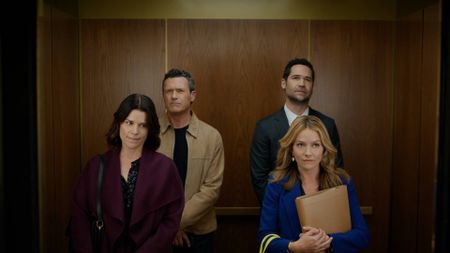 Neve Campbell as Maggie, Jason O'Mara as Jack Gilroy, Manuel Garcia-Rulfo as Mickey Haller, and Becki Newton as Lorna Crane in The Lincoln Lawyer season 4
