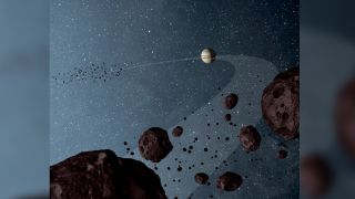 An illustration of asteroids near Jupiter