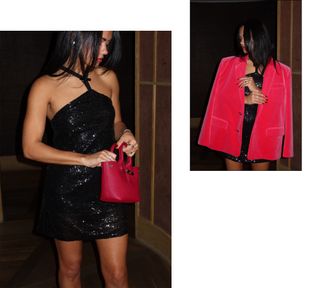 Michelle Infusino wearing sequins dress and pink velvet blazer