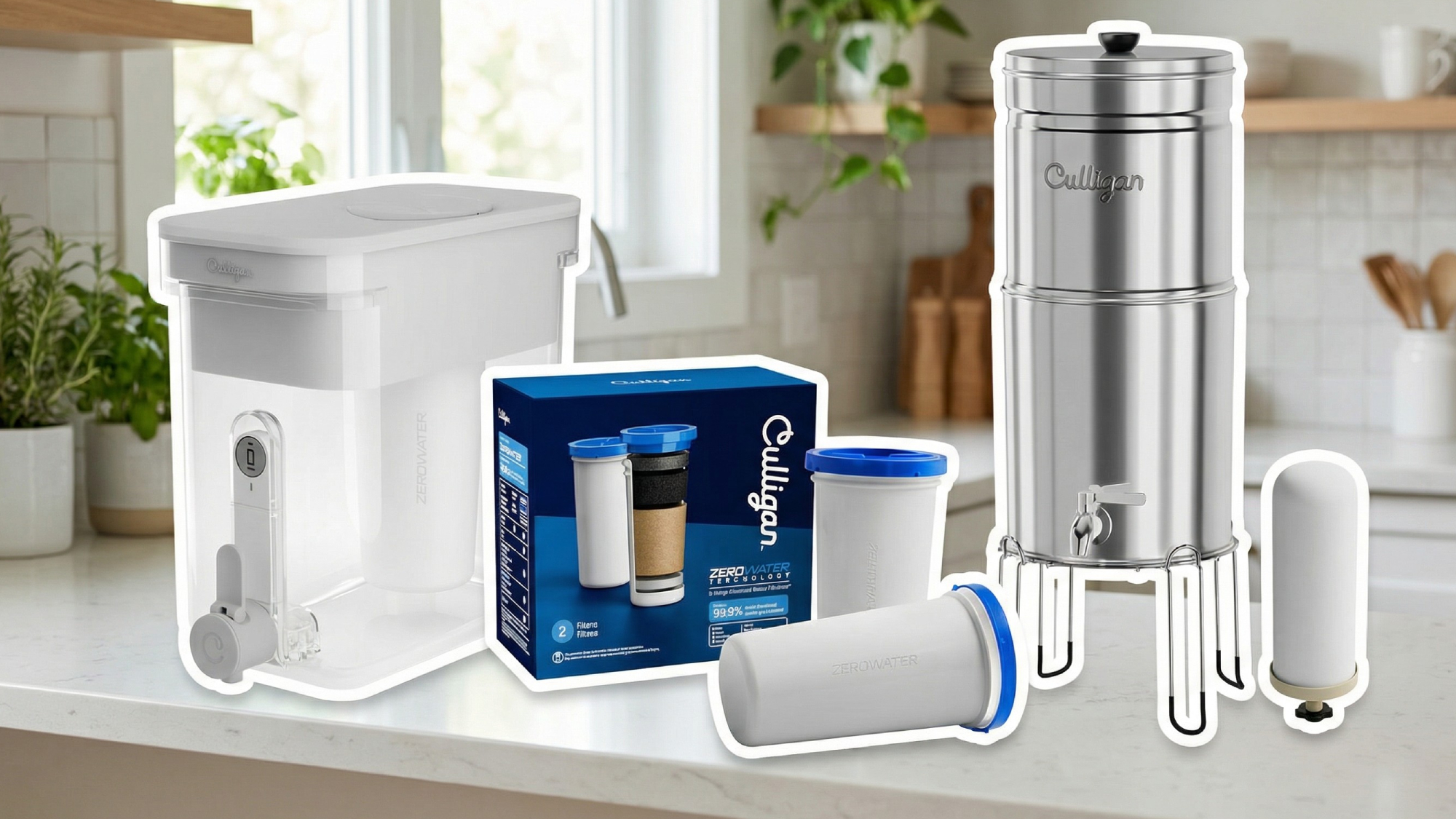 Culligan water filtering products shown on kitchen counter