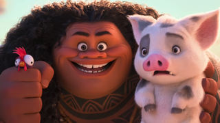 Maui holding up HeiHei and Pua in Moana 2 trailer