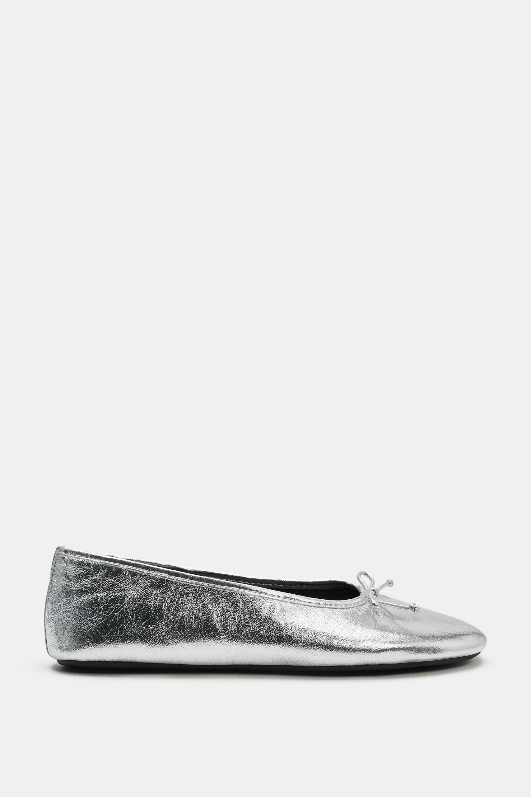 ZARA, Metallic Leather Ballet Flats - Silver - 5