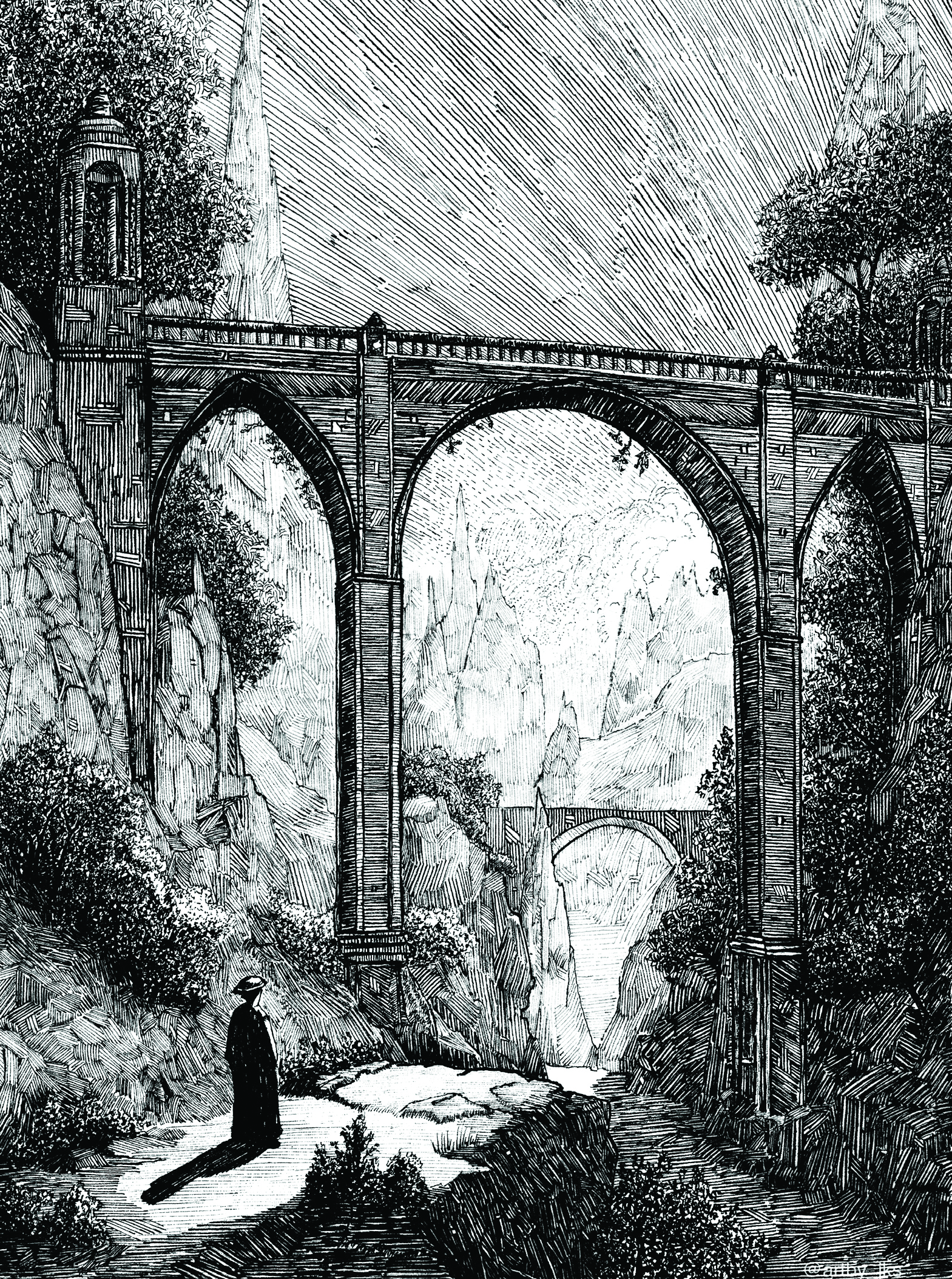Artwork drawn in ink that looks like a medieval engraving